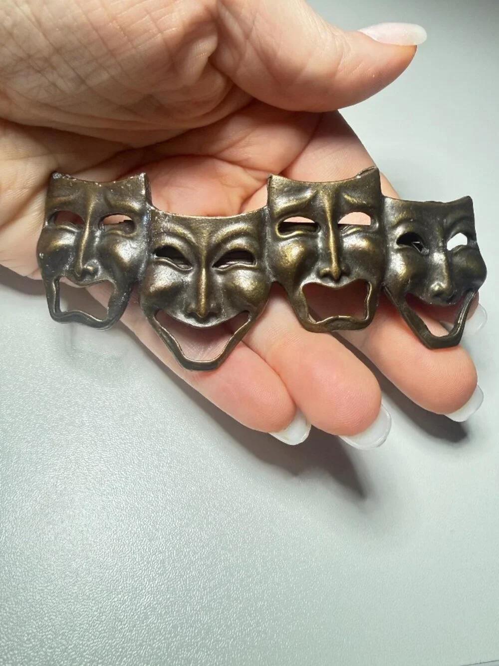 Comedy Tragedy Mask Hair Barrette Silver Tone Vintage Handmade 3.75 inches